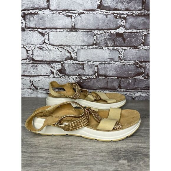 Fantasy Sandals Tan Nubuck Fabric Cross Strap Wedge Flex Sole Women’s 39EU/8.5US - Picture 3 of 16